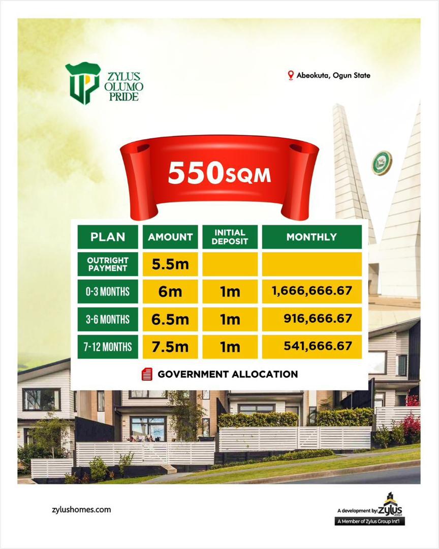 OLUMO PRIDE ✅550SQM - N6 MILLION